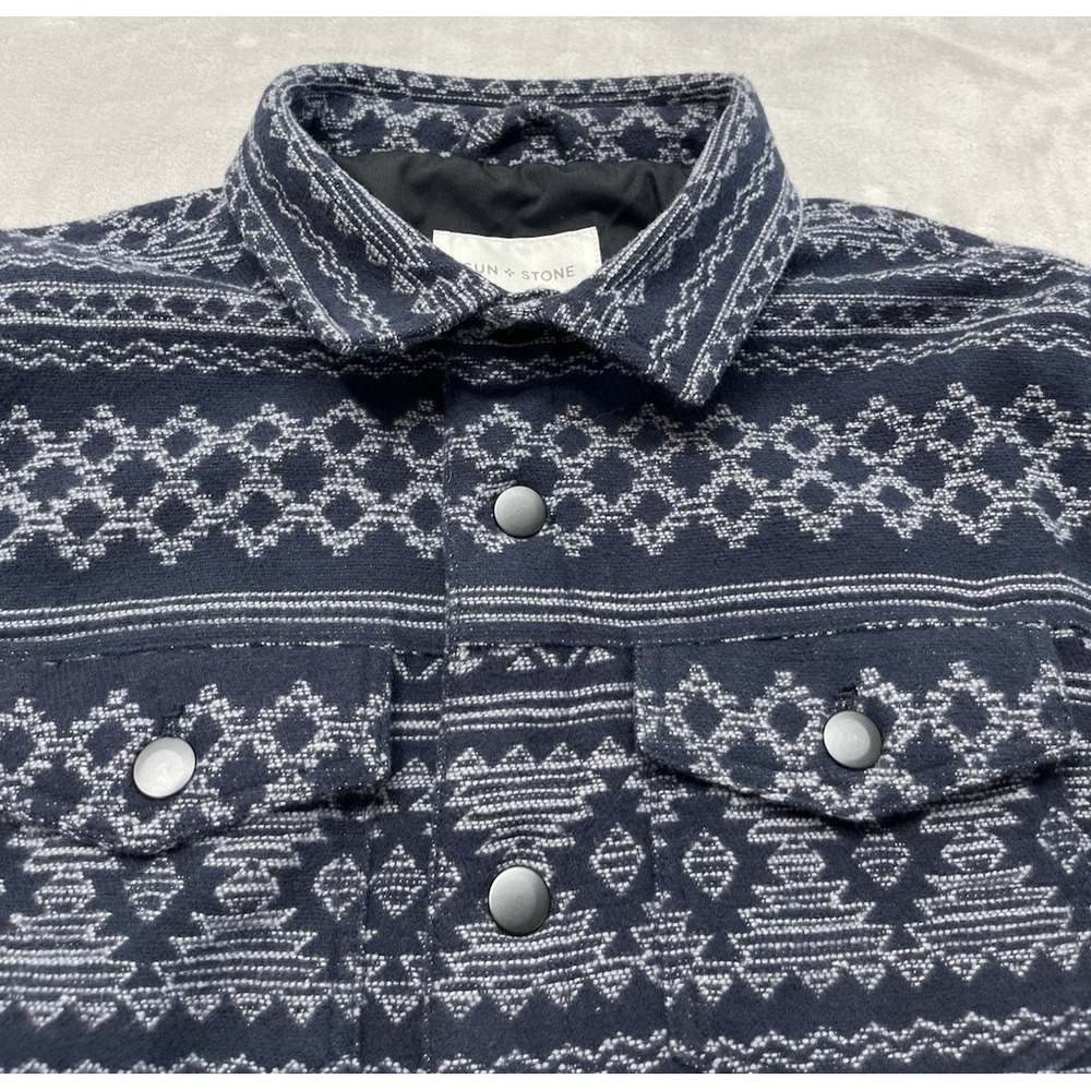 Sun + Stone Bomber Jacket Men Medium Navy Aztec Print Lined Flap Pocket Flannel - Picture 10 of 16
